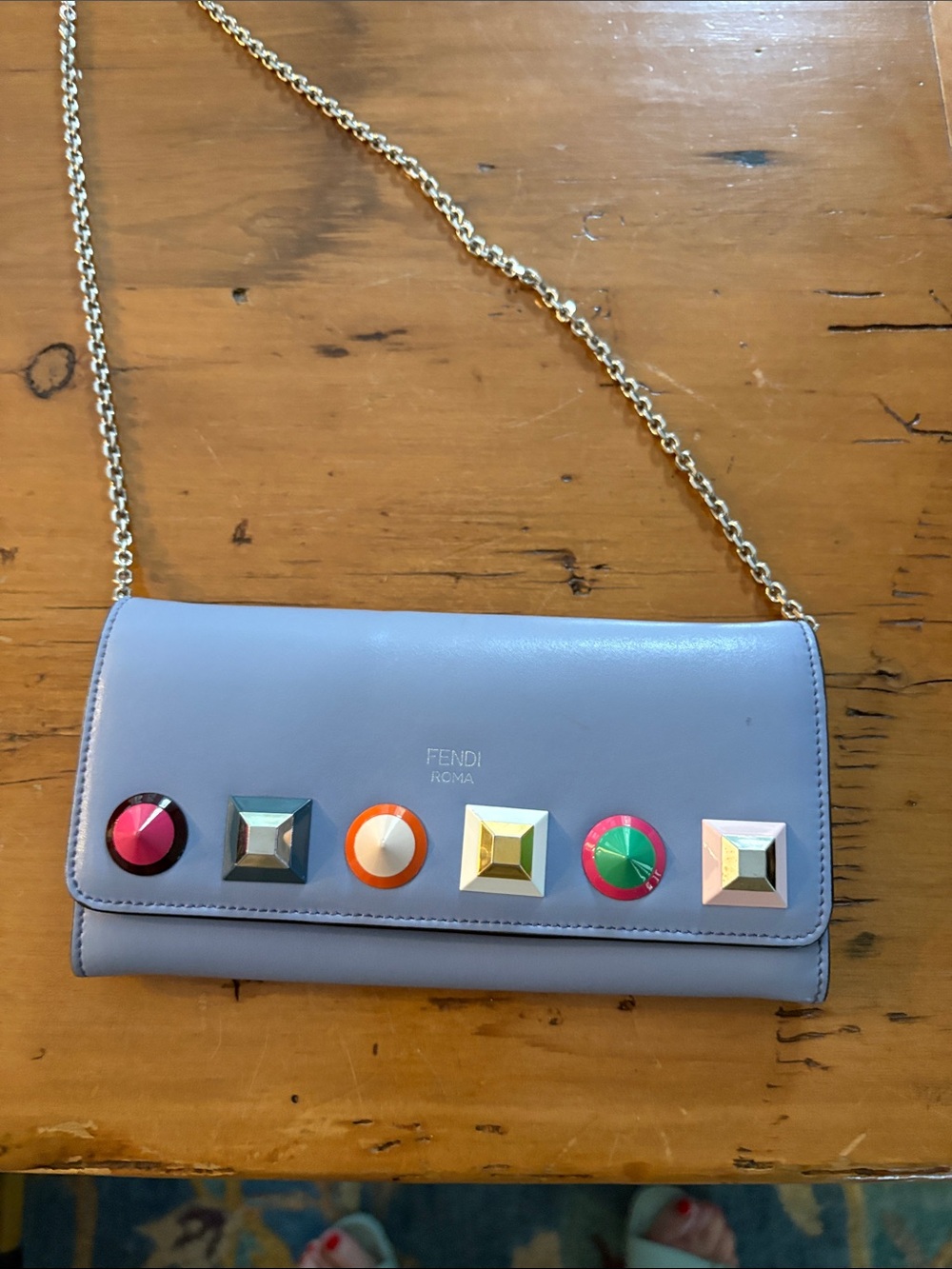 Fendi Lavender Leather Chain Wallet with Multicolor Studs